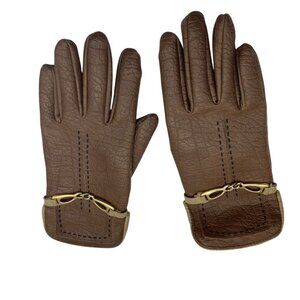 Vtg Corliss‎ Brown Vinyl Gloves Gold Chain Detail Warm Lining Size 8-8/5 Taiwan